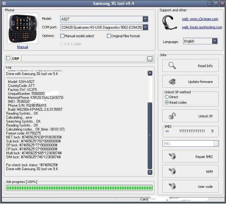 Connect USB cable, setup drivers. 4. Choise qualcomm diagnostic port in port settings. 5. Choise unlock method: Read codes or Direct.