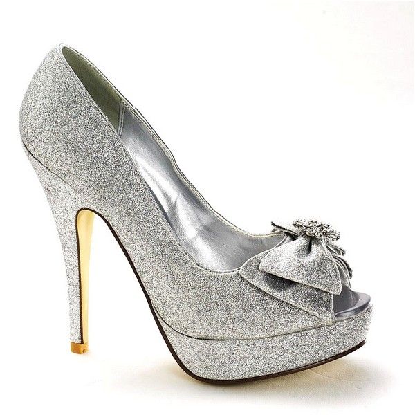 Ladies Silver Sparkle Bow Peep Toe Shoe Platform Glitter Shoe Sizes 3 4 ...